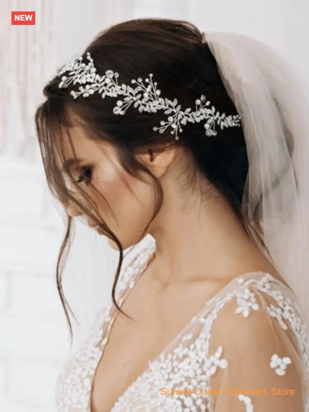 Crystal Bridal Headpiece Silver Wedding Headband Pearl Hair Vine Rhinestone - Picture 4 of 6